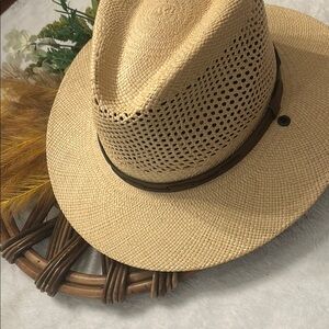 Stylish Tan Straw Hat with Brown Band
